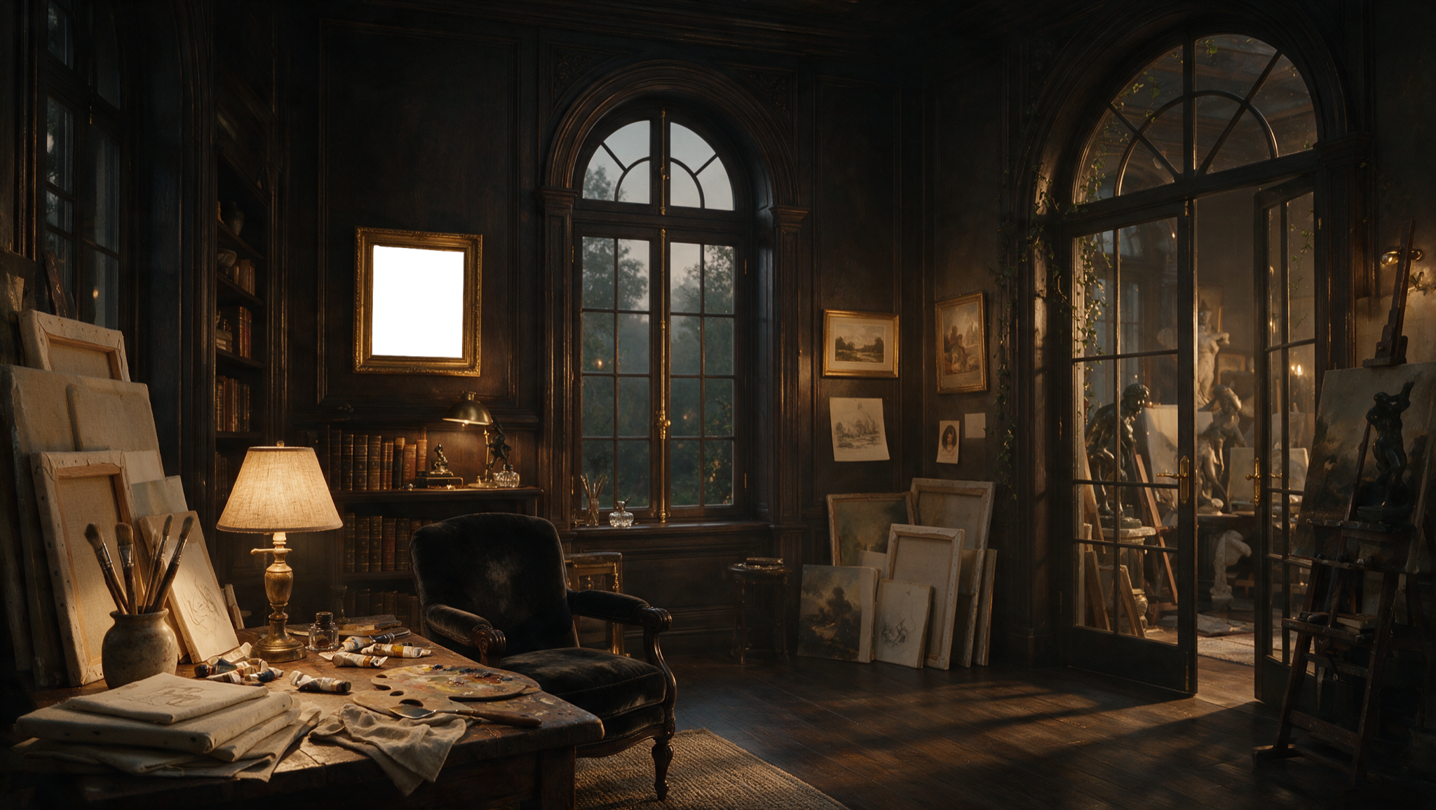 Inside the studio — a lamp-lit atelier full of canvases and tools