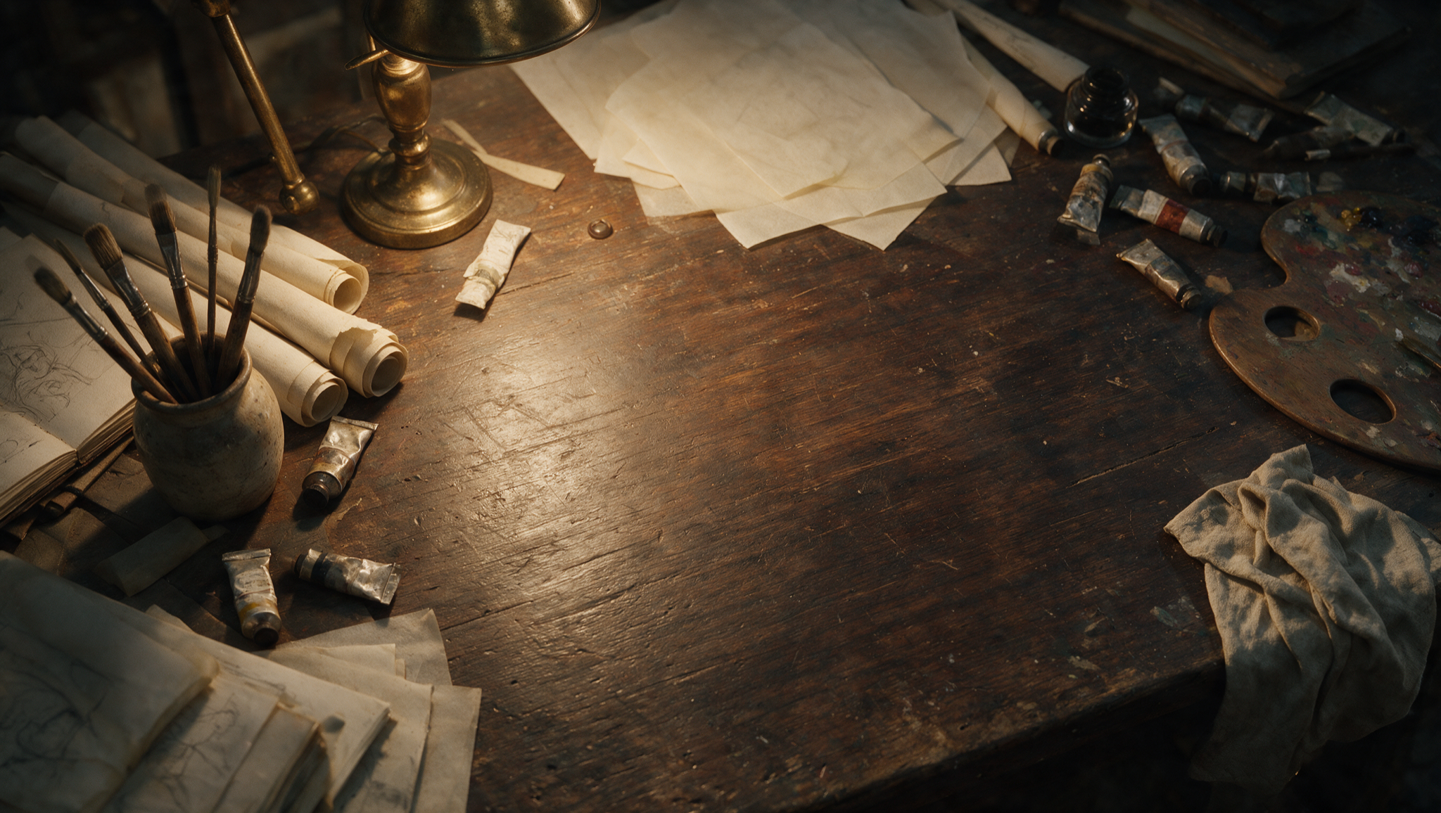 The studio worktable — brushes, rolled sketches and a brass lamp